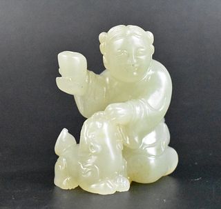 Chinese Qingbai Jade Carving of Boy & Foo Dog