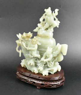 Chinese Jade Carved Covered Vase & Stand,20th C.
