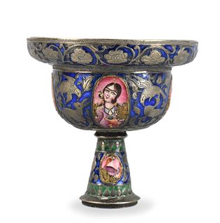Mughal Style Silver Enameled Stem Cup. 19th C.