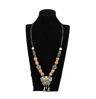 Tibetan Silver Necklace w/ Bone,Turqouoise & Coral