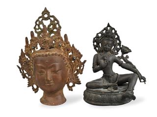 Nepel Bronze Buddha Figure & Buddha Head,19th C.