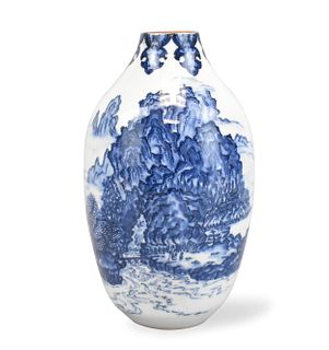 Japanese Blue &White Landscape Vase, Early 20th C.