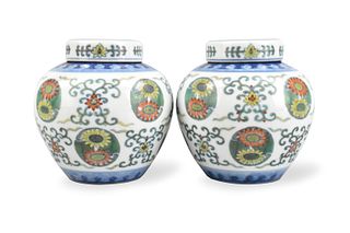 Pair of Chinese Doucai Covered Jar, 19th C.