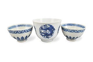 Group of 3 Chinese Blue & White Cups,19/20th C.