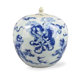 Chinese Celadon B & W Cover Jar w/ Foo Dog, 19th C
