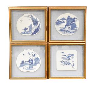 Set 4 Chinese Framed Blue & White Plaques, 19th C.