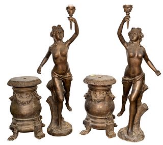 Cast Metal Figural Torchieres On Stands