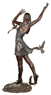 Richard Hallier (American, 1944-2010) 'Girl With Doves' Bronze Sculpture