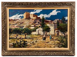 "Adobe Landscape" Oil on Canvas, Signed Sanchez