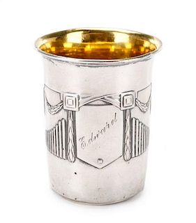 Faberge Style Engraved Silver, Tapered Vodka Cup