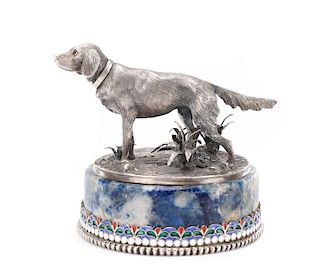 Faberge Style Silver Dog, Stone and Cloisonne Base