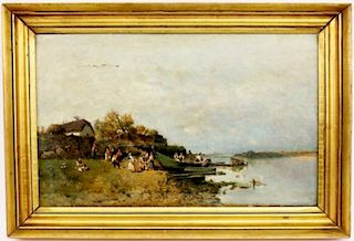 19th C. Continental, Figures on Shoreline Oil