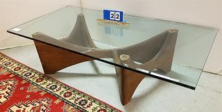 MID CENTURY DOVETAILED WALNUT BASE GLASS TOP TABLES 16"H X 4'W X 30"D
