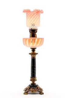 Early 20th C. French Oil Lamp with Cranberry Glass