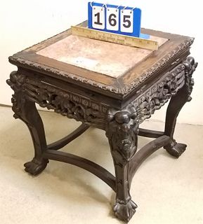 F19TH C CHINESE CARVED STAND W/ MARBLE TOP 18 1/2"H X 16" SQ