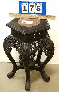 19TH C HEXAGONAL CHINESE CARVED STAND W/ MARBLE TOP