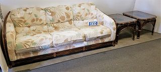BASSETT BAMBOO FRAMED SOFA 7', SETTEE 5', CHAIR, PR END STANDS AND COFFEE TABLE