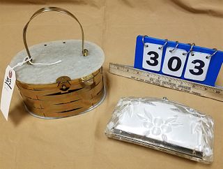 50'S WOVEN BRASS AND LUCITE PURSE 4"H X 7"W X 5"D AND LUCITE CLUTCH 4 1/2"H X 7"W X 1 3/4"D