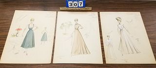 LOT 3 PEN AND INK W/C COSTUME DESIGNS FOR DORIS DAY FOR JUMBO, LITTLE GIRL BLUE SGND CW