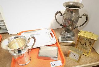 TRAY MEN'S DOUBLES SILVERPLATE TROPHIES, LOVING CUP, PITCHER, CIGARETTE BXS, TRAY AND LINDEN DESK CLOCK AND TIFFANY BRONZE DESK CLOCK