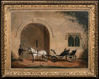 WHITE HORSE CARRIAGE & TERRIER DOG OIL PAINTING