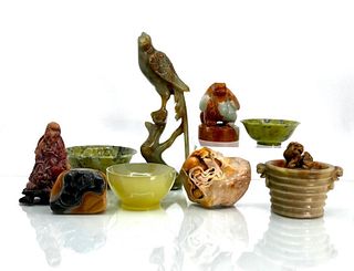 9 Chinese Hardstone Miniature Sculptures and Bowls