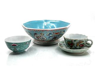 Chinese Vintage Famille Rose Porcelain Bowls and Western-style Cup and Saucer