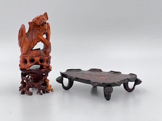 Chinese Antique Carved Wood Miniature Lion and 2 Stands