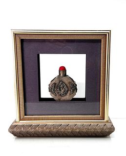 Chinese Vintage Metal Snuff Bottle in Frame