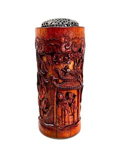 Chinese Carved Wooden Cylinder with Metal Cover