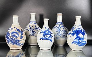 5 Vintage Chinese Blue and White Porcelain Bottles
