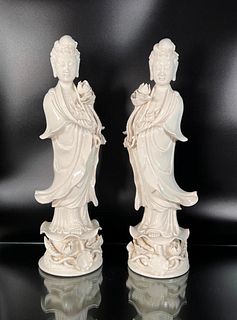 Pair of Chinese Blanc de Chine Style Porcelain Guanyin