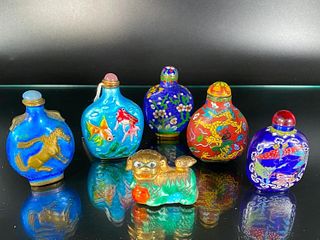 Five Enameled Snuff Bottles and an Ornament