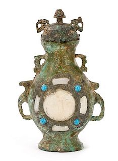 Chinese Archaic Bronze Flask with Stone Inlay