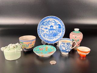 7 Chinese Porcelain Cups, Miniature Vase and Water Dropper