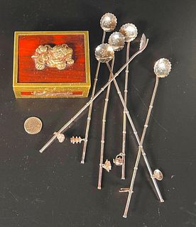 Chinese Silver Iced Tea Spoons and Mixed Metal Box