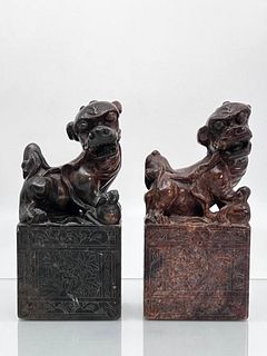 Pair of Carved Soapstone Figures of Foo Dogs