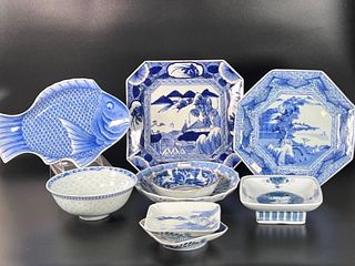 Nine Modern Chinese Blue and White Porcelain Dishes