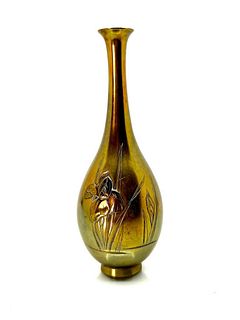 Japanese Antique Meiji-style Brass Vase with Iris Design