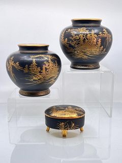3 Japanese Vintage Gold on Black Satsuma Vases and Powder Container