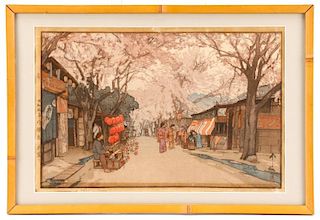 H. Yoshida Signed Woodcut, Avenue of Cherry Trees