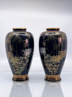 Pair of Japanese Antique Black and Gilt Satsuma Vases