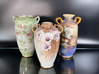 3 Japanese Vintage Hand Painted Nippon Vases