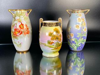3 Japanese Vintage Nippon Vases with Gold Trim