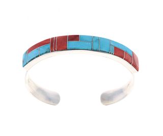 Navajo Mirco-Inlaid Turquoise & Red Spiny Bracelet