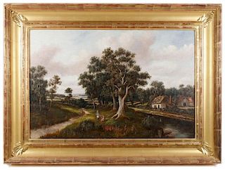 19th C. Oil, English Village Landscape w/ Figures