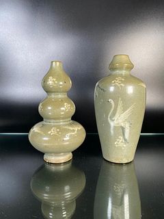 2 Korean Celadon Vases