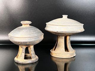 2 Korean Silla-Style Covered Pedestal Bowls