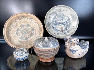 5 Asian Annamese Antique Painted Stoneware Pieces