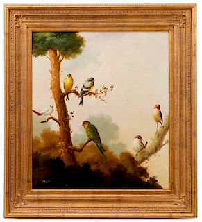 Jeannine Albert, Exotic Birds in Tree, Oil
